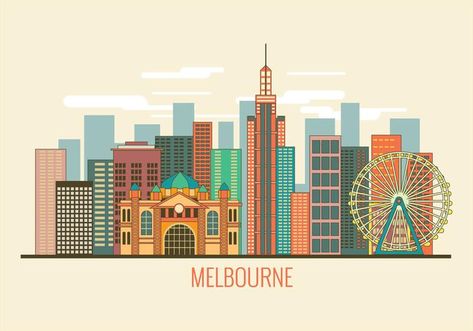 Cityscape Image of Melbourne Australia Vector Melbourne Australia City, Melbourne Map, Sydney Australia Travel, Melbourne Skyline, Lyon City, Cincinnati Skyline, Vegas Skyline, Tokyo Skyline, Skyline Silhouette