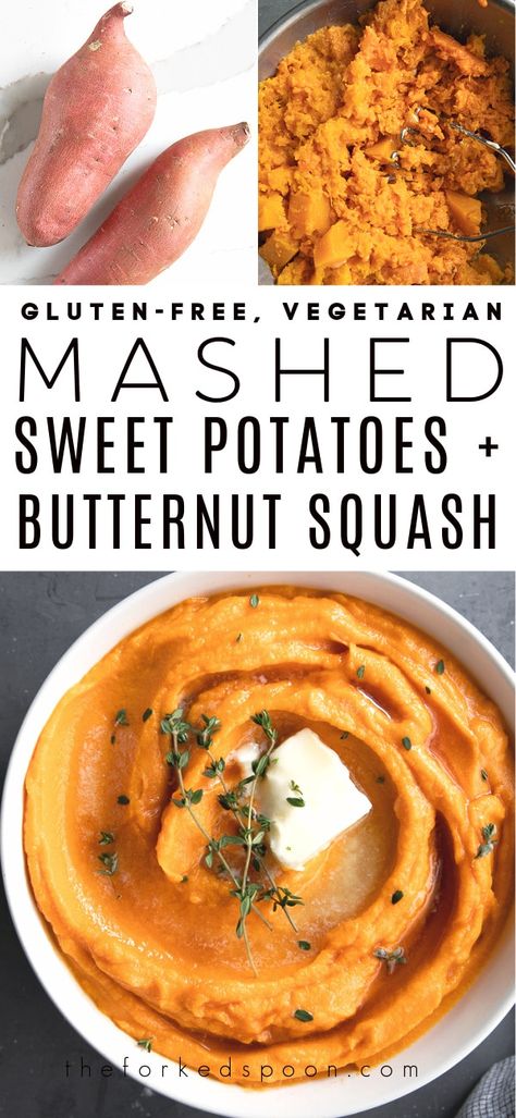 These irresistible Mashed Sweet Potatoes are filled with creamy sweet potatoes, tender butternut squash, butter, and a hint of sweet maple syrup. Lower in carbs and healthier than regular mashed potatoes, enjoy these silky smooth mashed sweet potatoes with lunch, dinner, or as an easy vegetarian and gluten-free holiday side dish. Roasted Mashed Sweet Potatoes, Butternut And Sweet Potato Recipes, Mashed Sweet Potato Recipes Healthy, Healthy Mashed Sweet Potatoes, Mashed Sweet Potato Recipes, Mashed Sweet Potato Recipe, Potato Recipes Healthy, Recipes Healthy Clean Eating, Mashed Sweet Potatoes Healthy