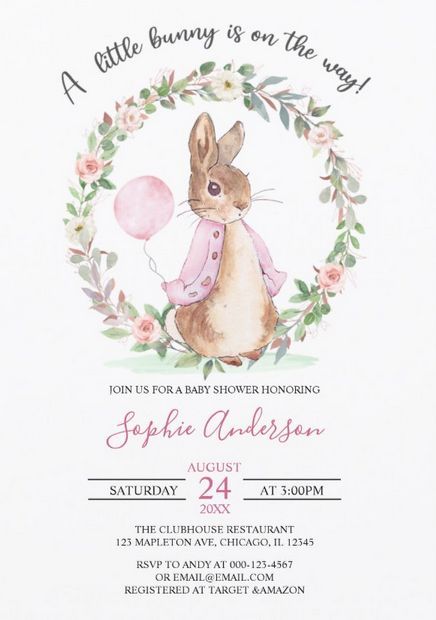 Cute Peter rabbit baby shower invitations for girls featuring a cute watercolor rabbit, pink balloon and floral wreath. afflink Peter Rabbit Baby Shower Invitations, Peter Rabbit Theme Party, Bunny Baby Shower Theme, Girl Baby Shower Invitations, Bunny Baby Shower Invites, Rabbit Girl, Bunny Baby Shower, Baby Shower Invitaciones