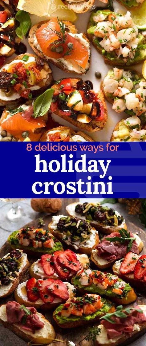 Italian Canapes Ideas, Winter Crostini Appetizers, Party Toast Appetizers, Cold Crostini Appetizers, Christmas Bruchetta, Crostini Toppings Ideas, Christmas Bruchetta Appetizers, Christmas Crostini Appetizers, Holiday Crostini Appetizers