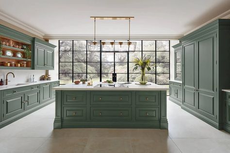 Elegant Green Kitchen | Tom Howley Bifold Doors Kitchen, Tom Howley Kitchens, Tom Howley, Kitchen Color Trends, Modern Grey Kitchen, Doors Kitchen, Painted Kitchen Cabinets Colors, Popular Kitchens, Kitchen Views