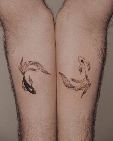 Yin Yang Fish Tattoo, Yin Yang Fish, Maching Tattoos, Ying Yang Tattoo, Koi Tattoo Design, Matching Friend Tattoos, Yang Tattoo, Inner Forearm Tattoo, Inner Arm Tattoo