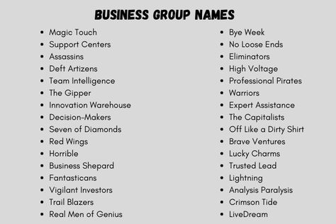 Business Team Names: 250+ Creative Names Business Groups Ingame Names Ideas, Tribe Names Ideas, Czns Group Name, Gp Name Idea, Funny Group Names For Whatsapp, Friendship Names Ideas, Name Company Ideas, Friendgroup Names, Group Account Names