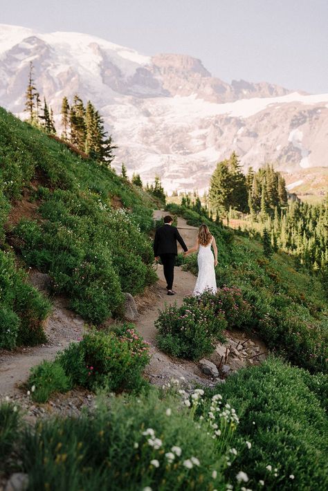 Summer Wildflower Elopement at Mt Rainier | Photograhy by Karina & Maks photo Mount Rainier Wildflowers, Mt Rainier National Park Elopement, Mt Rainier Wedding, Mount Rainier Elopement, Mountain Wildflower Wedding, Mt Rainier Elopement, Wildflower Elopement, Rainy Photoshoot, Rainy Photography