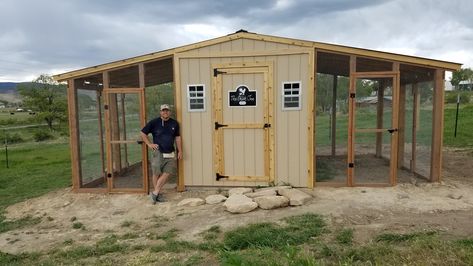 Click the link for a tour inside and out and blog link for our FREE PLAN for this coop we designed! My husband designed and built this coop.  It has 1 main enclosed chicken coop and 2 wire enclosed areas on the north + south sides.  Check out my YouTube channel. Chicken Coop Plans Free, Backyard Coop, Easy Chicken Coop, Duck Coop, Chicken Barn, Tin Shed, Backyard Chicken Coop Plans, Diy Chicken Coop Plans, Coop Design