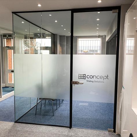 Glass Walls and Doors was appointed to design, supply and install a single glazed wall partition with a slimline aluminium glass door and 1000mm opal frost band with customers logo. Office Glass Partition Ideas, Office Glass Partition Film Design, Glass Partition Office Design, Frosted Glass Office Partition, Office Glass Film Design, Office Interior Design Glass Wall, Office Frosted Glass Design, Office Glass Partition Design, Glass Partition Designs Office