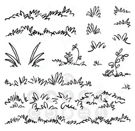 Drawing Details Doodles, Grass Drawing Tutorials, How To Draw Foliage, Bush Drawing Simple, How To Draw Bushes, How To Draw A Rock, Grass Drawing Easy, Shrubs Drawing, How To Draw Plants