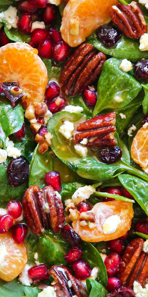 Christmas Salad with Spinach, Mandarin Oranges, Pecans, Cranberries, Pomegranate, Goat Cheese, and homemade Honey-Mustard-Lime Dressing - close-up photo. Christmas Salad Recipes, Christmas Salad, Winter Salad Recipes, Holiday Salads, Homemade Honey Mustard, Christmas Salads, Spinach Salad Recipes, Fresh Salad Recipes, Mandarin Oranges