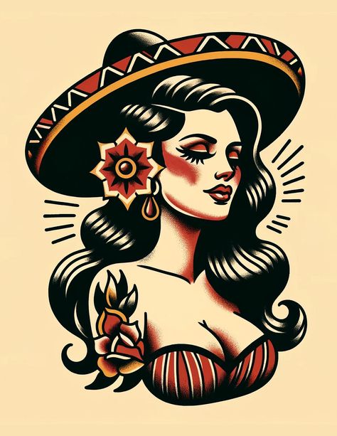 Sombrero Woman Traditional Tattoo Art Print - Etsy Tattoo Ideas For Portfolio, American Traditional Tattoos Mexican, Mexican Hat Tattoo, Traditional Tattoo Art Print, Womens Traditional Sleeve Tattoo, Old School American Tattoo, Traditional Lady Head Tattoo Flash, American Traditional Women Tattoo, Women American Traditional Tattoo