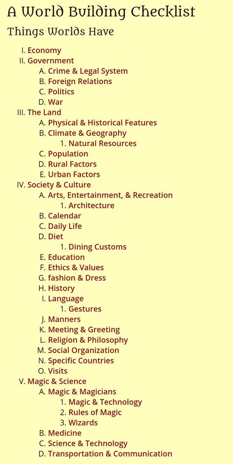 The greatest world building list you will ever need. I have started filling this out 1+ question a day. Always nice to look and find something new to find out about my world instead of wasting time scrolling for ideas or wasting time on social media. Time Periods For Writers, Dungeons And Dragons World Building, Scifi World Building, Dnd Worldbuilding Ideas, World Building Chart, Dnd Starting Ideas, Worlds Beyond Number, Dystopian World Building, Worldbuilding Checklist