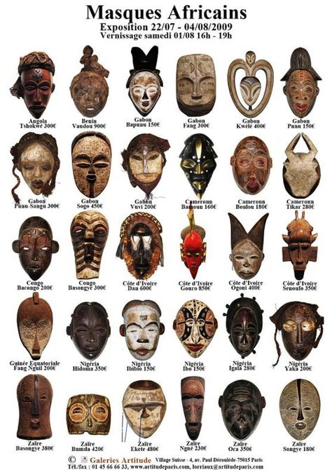 coeurdartishow - La réalisation de masques africains, ici en papier découpé et raphia. Les masques sont collés dans le carnet de voyages... Egyptian Mask, African Art Projects, African Mythology, Istoria Artei, Afrique Art, Afrikaanse Kunst, Mask Art, Idee Cosplay, Art Premier