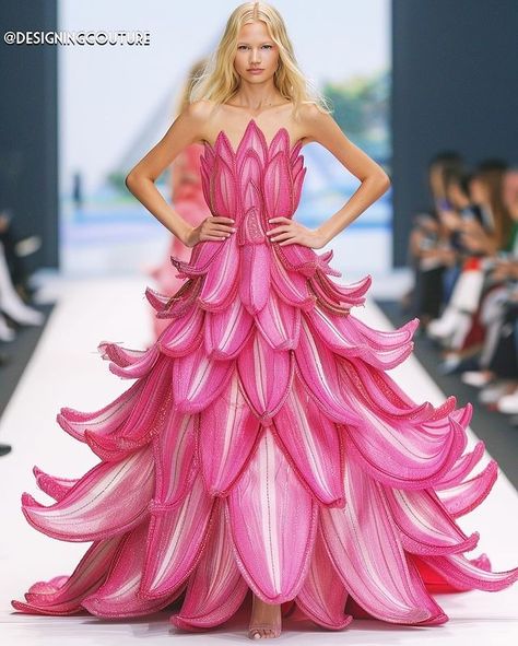 designing couture | ai fashion (@designingcouture) • Instagram photos and videos Pink Flower Gown, Pink Dress Runway, Butterfly Inspired Dress, Junk Couture, Dramatic Dress, Flower Gown, Dramatic Dresses, Maximalist Fashion, Recycled Dress