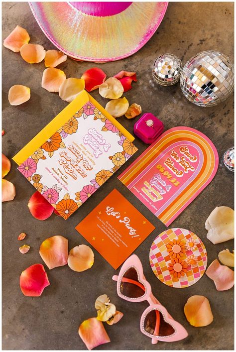 How to Create a Retro Inspired Wedding with Vibrant Colors and Groovy Details - himherphoto.com Colorful Invitations Wedding, Colourful Retro Wedding, Groovy Glam Bachelorette, Colour Pop Wedding, Kitsch Wedding Invitation, Retro Wedding Party, 70s Wedding Color Palette, Retro Wedding Colors, Groovy Wedding Decor