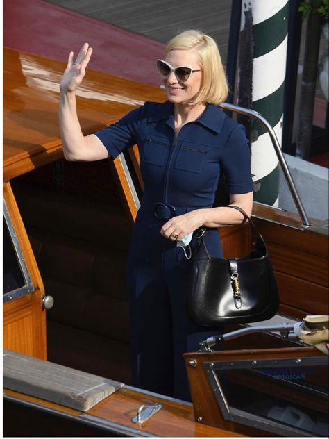 CateBlanchett spotted carrying the new leather Gucci Jackie1961 handbag and is wearing a GucciPreFall19 wool silk jumpsuit with matching GG belt. An archival design, originally created in 1961, the bag was often photographed with Jackie Kennedy and became known as “The Jackie.” Mule Outfits, New Gucci Bags, Olsen Style, Royal Blue Shorts, Dream Bag, Silk Jumpsuit, Sixties Fashion, Boiler Suit, Sofia Coppola