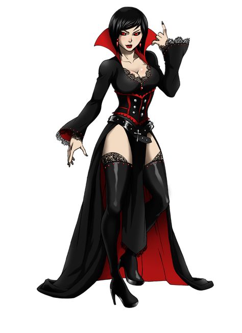 Vampire Female Outfit, Vampire Dress Drawing, Vampire Cosplay Female, Female Vampire Character Design, Vampire Outfit Female, Monster Pinup, Vampire Pinup, Vampire Character Design, Vampiress Costume