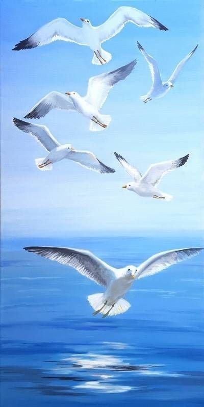 Seagulls Flying, Beach Art Painting, Coastal Birds, Landscape Art Painting, Sea Painting, Bird Pictures, Beach Painting, Bird Drawings, Sea Birds