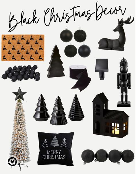 Black Christmas Outdoor Decor, Christmas Decor Ideas For Living Room Black And White, Black White Wood Christmas Decor, Natal, Black And Gray Christmas Decor, Black Wood Christmas Tree, Black White Christmas Tree Decorations, Elegant Black Christmas Tree, Black And Wood Christmas Decor