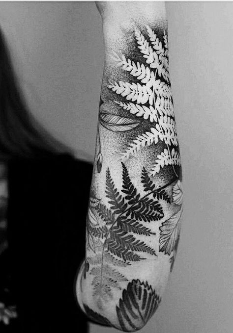 Plant Geometric Tattoo, Dark Ankle Tattoo Cover Up, Fern Filler Tattoo, Outer Forearm Sleeve Tattoos, Negative Leaves Tattoo, Negative Space Leaf Tattoo, Negative Tattoo Ideas, Womens Nature Sleeve Tattoo, Forearm Tattoo Women Leaves