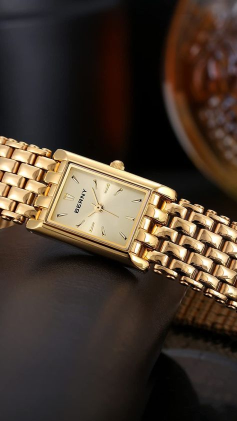 Golden Watch Women, Small Gold Watch, Womens Gold Watch, Gold Watches For Women, Elegant Watches Women, Rectangle Watch, Golden Watch, Gold Watches, Gold Watches Women