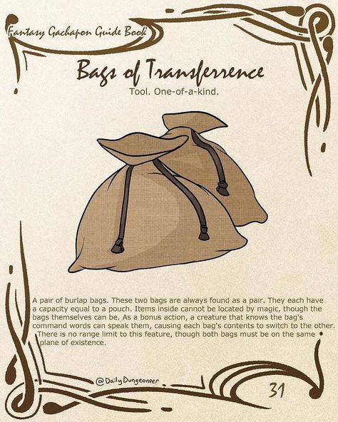 Bags of Transference! Remember to support #thezonecast, the source of these cool items’ descriptions! (yes, I already know about the typo,… Fantasy Costco, Homebrew Items, Dnd Homebrew, Magical Items, Dungeon Master's Guide, D D Items, Dnd Funny, Writing Fantasy, Dnd Dragons