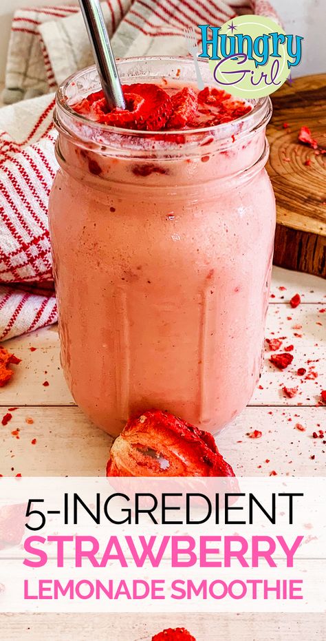 Healthy & Easy Strawberry Lemonade Smoothie Recipe | Hungry Girl Ww Smoothie Recipes, Lemonade Smoothie Recipes, Strawberry Lemonade Smoothie, Easy Strawberry Lemonade, Frozen Strawberry Lemonade, Lemonade Smoothie, Healthy Beverages, Vanilla Mug Cakes, Hungry Girl Recipes