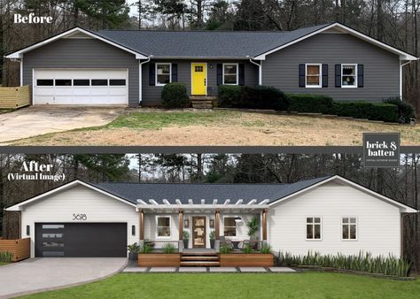 15 Modern Front Porch Ideas - brick&batten Carport Front Door Entrance, Ranch Style Homes Exterior Before And After Old Houses, Front Porch With Awning, Change Roof Line Before And After, Front Porch Overhang Ideas Ranch, 70s Ranch Exterior Remodel Before And After, Ranch Front Porch Addition, Front Porch Makeover Before After, Diy Porch Awning