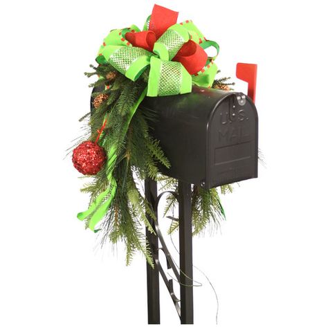 Found it at Wayfair - Mailbox Saddle Pine and Fir Boughs Sequined Ornaments and Ribbon Mailbox Saddle, Christmas Mailbox Decor, Mailbox Garland, Mailbox Decorations, Jeweled Ornaments, Holiday Entryway, Mailbox Swag, Christmas Mailbox, Jewel Ornaments