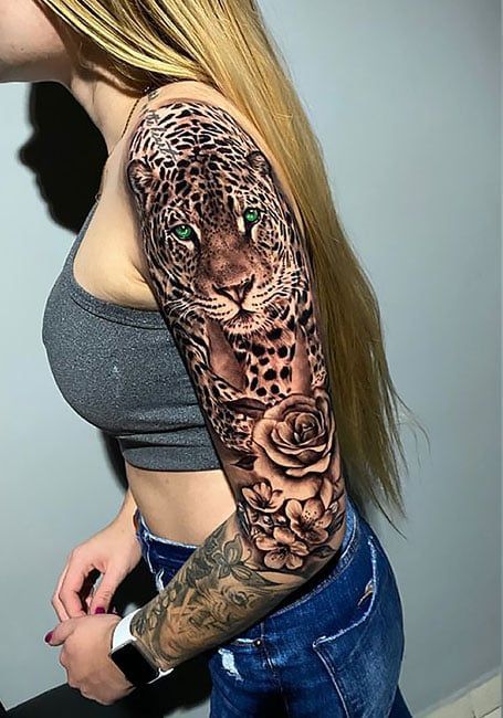 Leopard Forearm Tattoo, Animal Print Tattoo, Panther Tattoos, Leopard Print Tattoos, Rabe Tattoo, Sleeve Inspiration, Jaguar Tattoo, Arm Sleeve Tattoos For Women, Animal Sleeve Tattoo