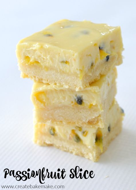 If you are looking for the perfect summer slice, then you just can't go past this easy Passionfruit Slice recipe.  This sweet treat never lasts long in our house thanks to it's deliciously creamy and tangy filling and crisp base. Easy Slices, Morning Teas, Passionfruit Slice, Sweet Slices, Australian Recipes, No Bake Slices, Passionfruit Recipes, Dutch Food, Slice Recipe