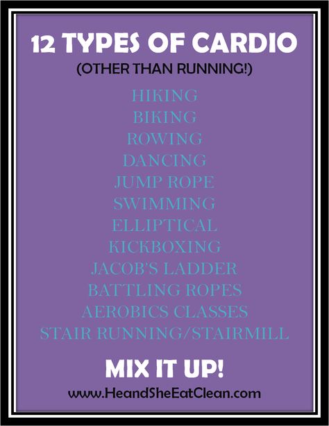 Tired of your same old cardio routine? Mix things up! Use this list to find a new favorite! For more workout tips visit HeandSheEatClean.com. #heandsheeatclean #MRTT #runner #running #fitness #shesweats #workout #cardio Types Of Workouts, Types Of Exercise, Types Of Cardio, Aerobics Classes, Cardio Exercises, Ripped Abs, Workout Cardio, Weight Changes, Cardio Routine