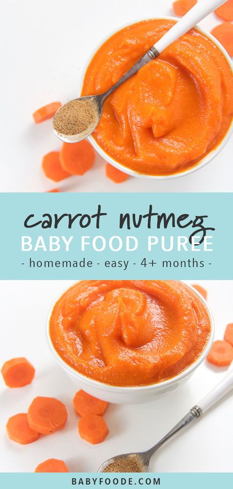 This Carrot and Nutmeg Baby Food Puree is a great stage one puree for baby! Filled with nutritious carrots and a pinch of nutmeg, this puree will delight your little ones taste buds! With just three ingredients, this healthy homemade puree is the perfect starter puree recipe for babies 4 months and older. #stageone #starterpuree #babyfoodrecipes #homemadebabyfood Sweet Potato Baby Recipes, Baby Sweet Potato Recipe, Sweet Potato Recipes For Baby, Sweet Potato For Baby, Sweet Potato Baby Food Recipe, Sweet Potato Puree Baby, Carrot Baby Puree, Sweet Potatoes For Baby, Baby Food Recipes Stage 1