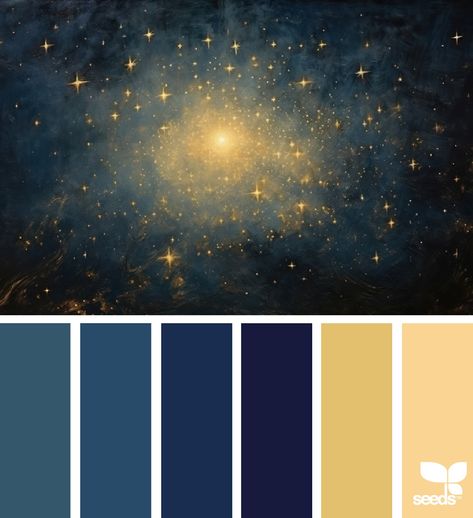 Color Pallete to help pick colors that go well together. Divine Color Palette, Starry Color Palette, Night Pallete Color, Cosmos Color Palette, Navy Blue And Gold Color Palette, Cosmic Colour Palette, Celestial Colour Palette, Night Time Color Palette, Starry Night Color Palette