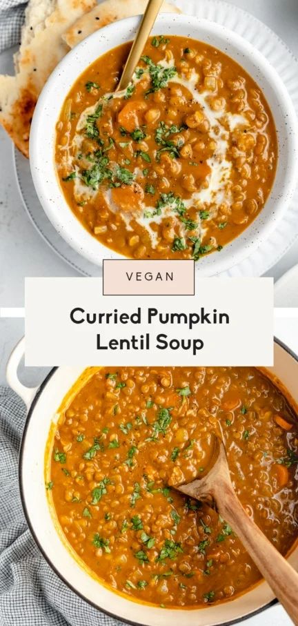 Vegan pumpkin lentil soup made with creamy coconut milk, delicious spices and plenty of pumpkin flavor. This easy pumpkin lentil curry soup is packed with nourishing ingredients and plenty of protein for a wonderful lunch or dinner. #vegan #soup #healthydinner #healthylunch #pumpkin #vegetarian Brown Rice Slow Cooker, Pumpkin Lentil Soup, Pumpkin Lentil, Curried Pumpkin, Pumpkin Lasagna, Pumpkin Curry, Slow Cooker Pumpkin, Ambitious Kitchen, Lentil Soup Recipes