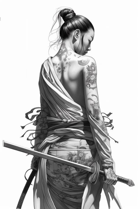 Female Samurai Tattoo, Japanese Samurai Tattoo, Female Samurai Art, Samurai Drawing, Geisha Tattoo Design, Japanese Art Samurai, Female Samurai, Samurai Tattoo Design, Geisha Tattoo