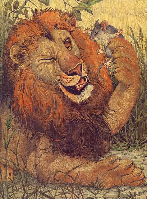 Don Dailey. Aesop's Fables. The lion and the mouse Lion Story, Lion And The Mouse, Lion King Fan Art, Animal Art Projects, Aesops Fables, Short Stories For Kids, Two Brothers, Animals Artwork, Animal Stories