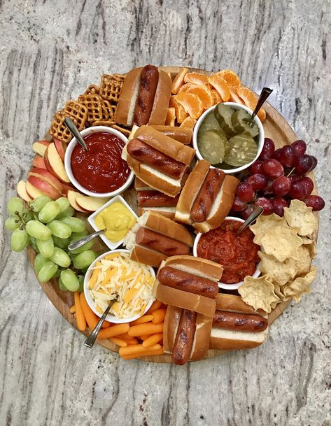 Hot Dog Board by The BakerMama Hot Dog Board, Delicious French Toast, Charcuterie Cheese, Snack Board, Hot Dog Recipes, Charcuterie And Cheese Board, Crunchy Snack, Charcuterie Recipes, Food Platters