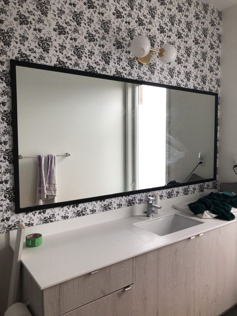 Upgrading our builder grade mirror: DIY double framed mirror - Hana's Happy Home Framing A Mirror, Diy Mirror Frame Bathroom, Framed Bathroom Mirrors, Wood Framed Bathroom Mirrors, Mirrors Diy, Bathroom Mirror Makeover, Diy Vanity Mirror, Bathroom Mirrors Diy, Bathroom Mirror Frame