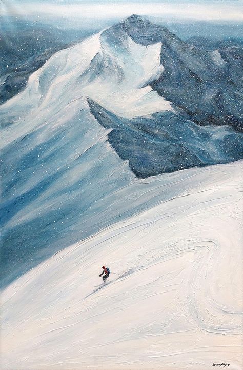 Snow Fun 4 Giclee Print of Original Painting Skiing Artwork - Etsy Canada Ski Painting Ideas, Snow Mountains Painting, Ski Mountain Painting, Watercolor Skiing, Ski Sketch, Snow Mountain Illustration, Skiing Artwork, Skiing Drawing, Snow Acrylic Painting