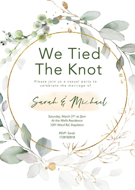 "We tied the knot! This gorgeous, boho elopement reception invitation is every bride dreams. Featuring watercolor greenery designs and gold, this will really brings your guests into your bohemian wedding reception. Say \"WE DID\" with this elopement invitation today. This listing includes a completely edited digital invitation FILE! Simply choose your option from the menu and leave all your shower details in the cart. You will receive a ready to print file within the time frame you selected. You Elope Party, Reception Invitation Cards, Reception Invite, Bohemian Wedding Reception, Vintage Reception, Nothing Fancy Just Love, We Tied The Knot, Elopement Invitation, Elopement Reception