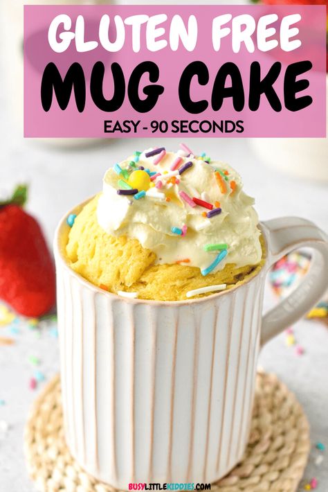 This Gluten Free Mug Cake is the most easy, single serve vanilla cake in the microwave for a quick gluten-free dessert . Plus, this mug cake has a dairy-free option too for those with gluten and dairy allergies.This Gluten Free Mug Cake is the most easy, single serve vanilla cake in the microwave for a quick gluten-free dessert . Plus, this mug cake has a dairy-free option too for those with gluten and dairy allergies. Gf Cake In A Mug Microwave, Gluten Free Vanilla Mug Cake, Mug Cake Gf, Single Serve Gluten Free Desserts, Mug Cake Recipe No Milk, Gluten Free Mug Cake Microwave, Gluten Free Single Serve Desserts, Single Serve Cinnamon Roll, Gf Dairy Free Recipes