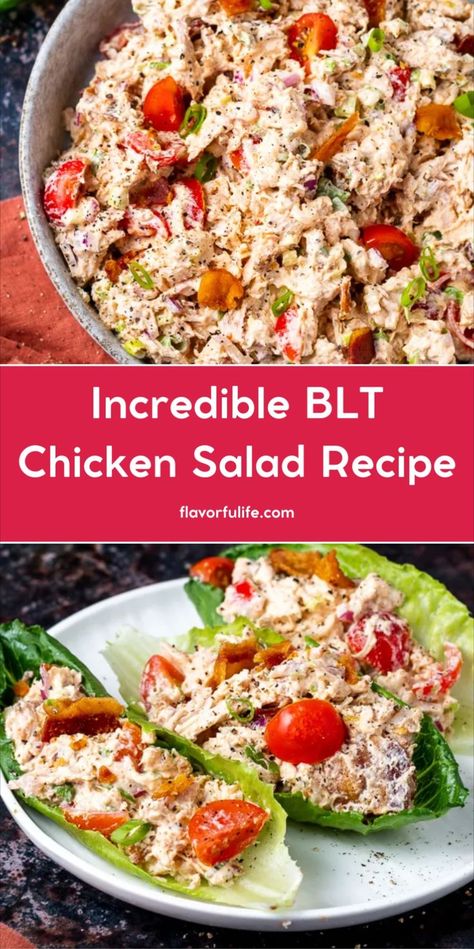 This BLT chicken salad is the perfect healthy and easy lunch. Enjoy it as chicken salad lettuce wraps or a bacon chicken salad sandwich. Ideal for meal prep and prep ahead for work or on the go, this BLT chicken salad recipe is the best chicken salad recipe with bacon. It’s also great for bridal shower food or a luncheon. Blt Chicken Salad Lettuce Wraps, Make Ahead Chicken Sandwiches, Chicken Blt Salad, Chicken Salad Wraps Recipes, Best Healthy Chicken Salad Recipe, Blt Chicken Salad Recipe, Healthy Blt Chicken Salad, Chicken Salad With Cucumber, Bacon Chicken Salad