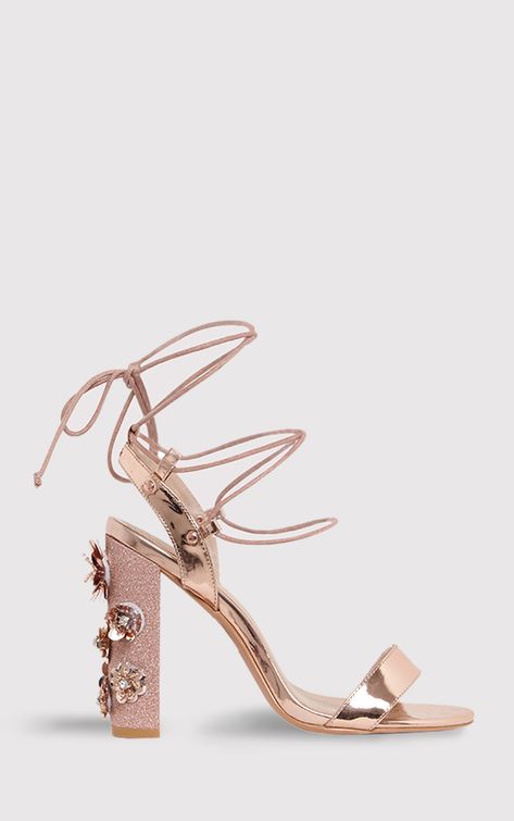 Evy Rose Gold Embellished Block Heeled Sandals Pink Heeled Sandals, Pink Block Heels, Pink Sandals Heels, Heel Sandals Outfit, Hak Tinggi, Rose Gold Shoes, Rose Gold Heels, Rose Gold Sandals, Gold High Heels