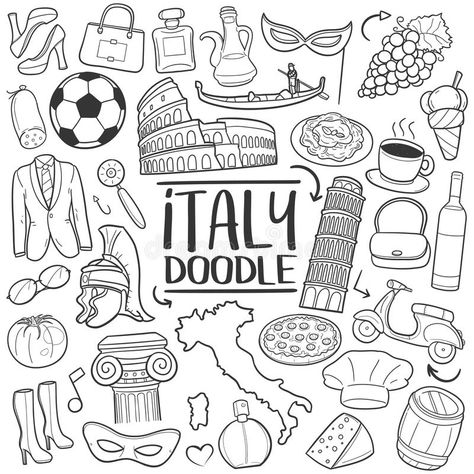 Italian Doodles, Italy Drawing Easy, Italy Doodles, Italy Icons, Doodle Travel, Italian Symbols, Italy Drawing, Travel Doodles, Doodle Icons