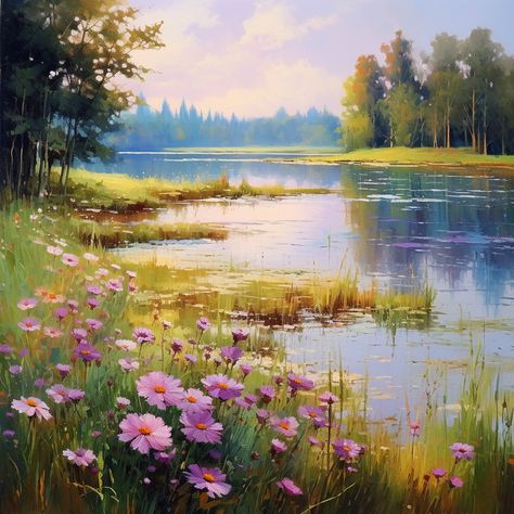 Fantasy lake. Flowers. Spring summer views. Knitting Flowers, Dinner Setup, Beautiful Landscape Paintings, Scenery Paintings, Beauty Art Drawings, Spring Lake, Landscape Art Painting, Flower Landscape, Love And Romance