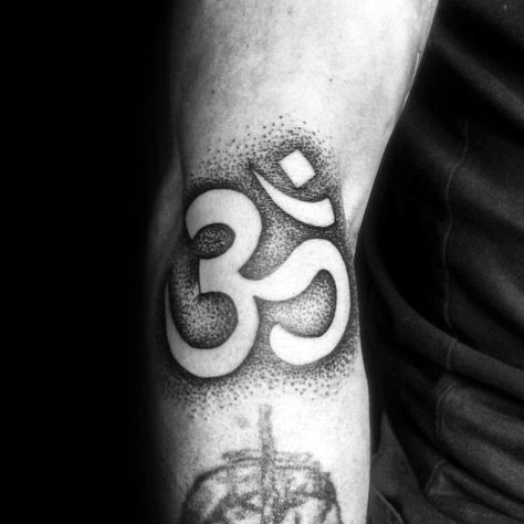 Male Om Arm Dotwork Black Ink Tattoos Om Tattoo Ideas, Om Tattoo Designs, Aum Tattoo, Om Symbol Tattoo, Arm Tattoos Drawing, Om Tattoo Design, L Tattoo, Knot Tattoo, Om Tattoo