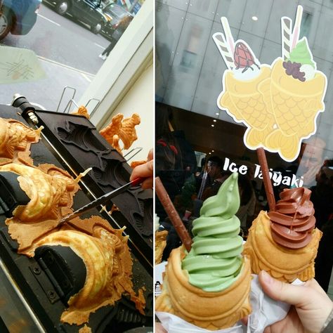 Matcha and chocolate ice-cream filled Taiyaki! Slumber Party Foods, Japanese Wagashi, Ice Cream Cart, Funnel Cake, Chocolate Ice, Food Display, Pastry Shop, Soft Serve, Chocolate Ice Cream