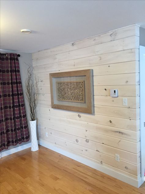 Accent wall made with Shiplap pine and a whitewash finish! Whitewash Pine Walls, Whitewashed Shiplap Wall, Vertical Pine Shiplap Wall, Whitewashed Pine Walls, White Washed Tongue And Groove Walls, White Washed Shiplap Wall, White Oak Shiplap Wall, Shiplap Stained Wall, Whitewash Shiplap Wall