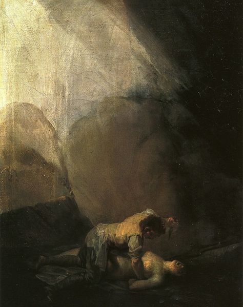 Francisco Goya (1746–1828, Spain) - Brigand Murdering a Woman [oil], 1798 - 1800, 105.4 x 80.7 cm, private collection Goya Paintings, Dark Color Palette, Francisco Goya, Spanish Painters, Spanish Artists, A4 Poster, Old Master, Rembrandt, Vintage Artwork