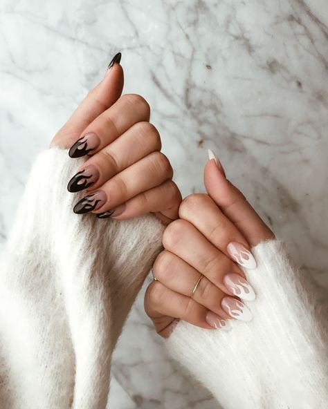 Flame Nails Black And White, Nail Trend 2023 Spring, Flame Nails Almond Shape, Edgy White Nails, Fire Nails Almond, Almond Nails Flames, White Flame Nails Almond, White And Black Flame Nails, Black Flame Nail Art