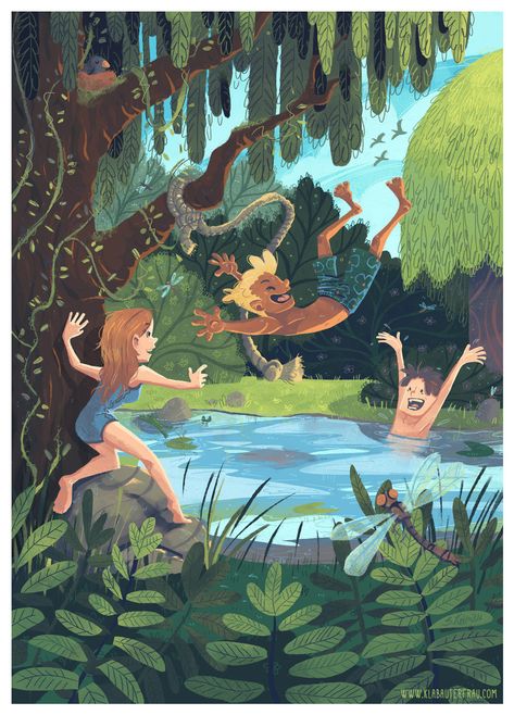 Summer Illustration Art Drawings, Friendship Illustration Art, Illustrated Animation, Secret Illustration, Lake Drawing, Friendship Illustration, Lake Illustration, Illustration Art Kids, Summer Illustration